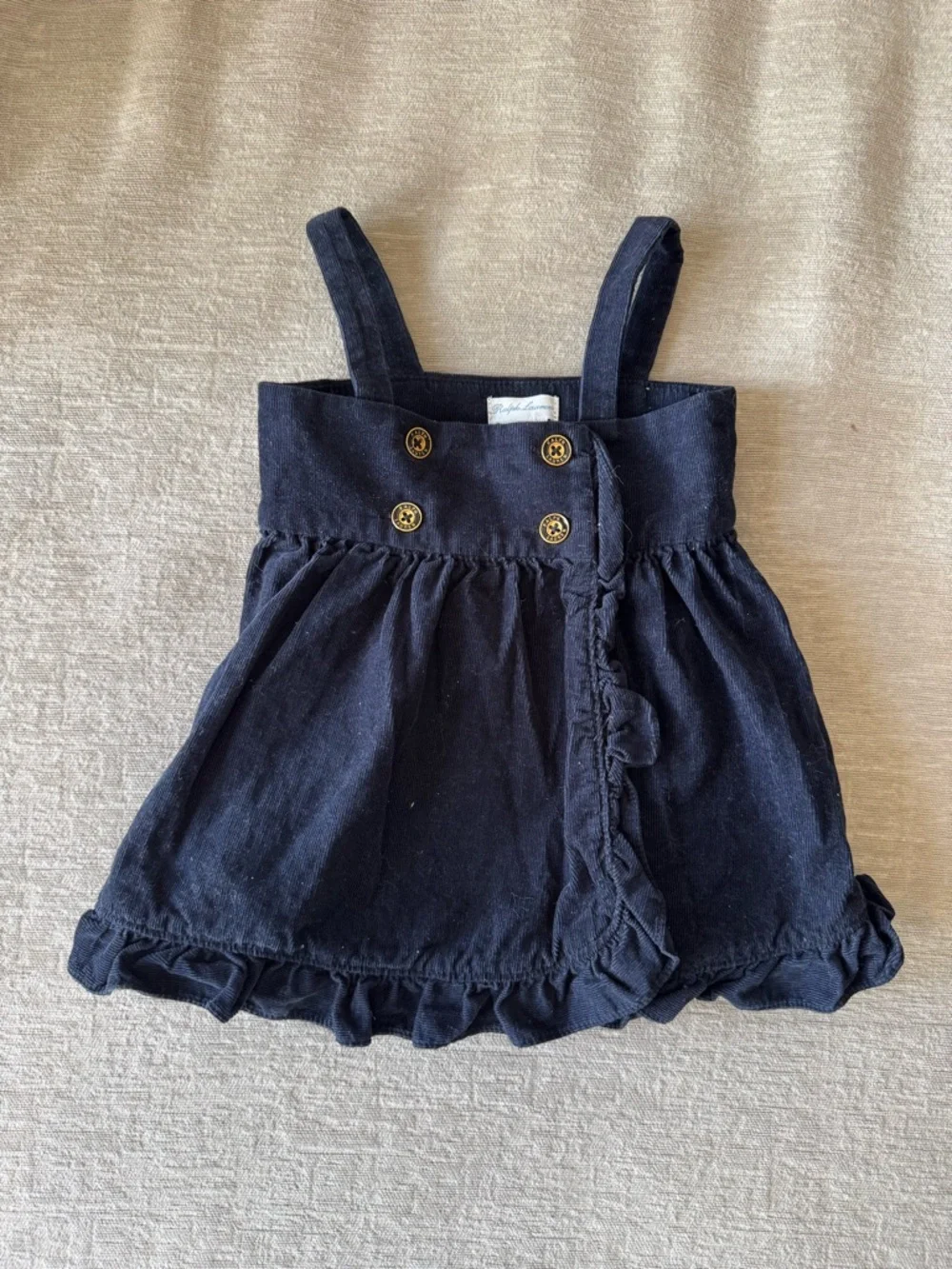 Ralph Lauren Baby Girl Corduroy Ruffle Dress 9M Navy Blue Button Front Boho
